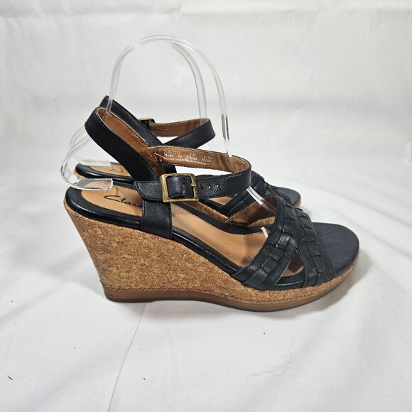 Clarks Black Sandal Cork Wedges Heels Women's Size 9 26069293 - Picture 4 of 9